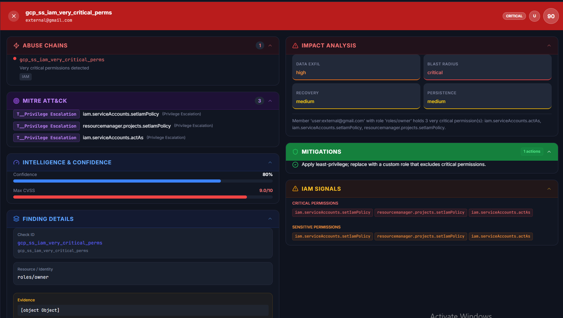 IAM privilege-escalation finding with abuse chains and MITRE mapping